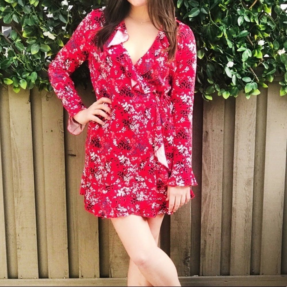 UO Long Sleeve Ruffle Wrap Dress